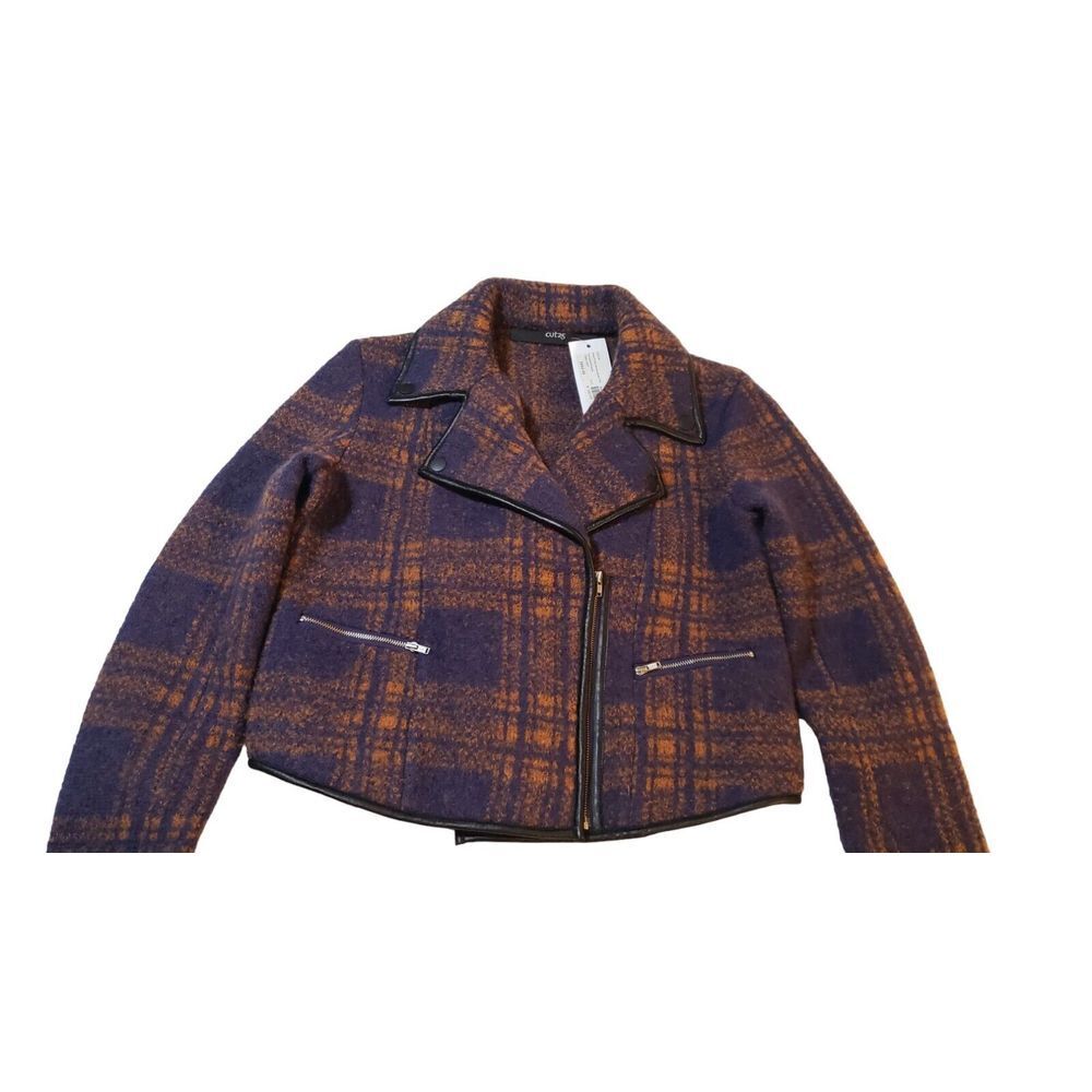 NWT Cut 25 Byzantium Plaid Crop Wool Leather Trim Jacket Zip Pocket S Orig. $550 - Picture 5 of 16